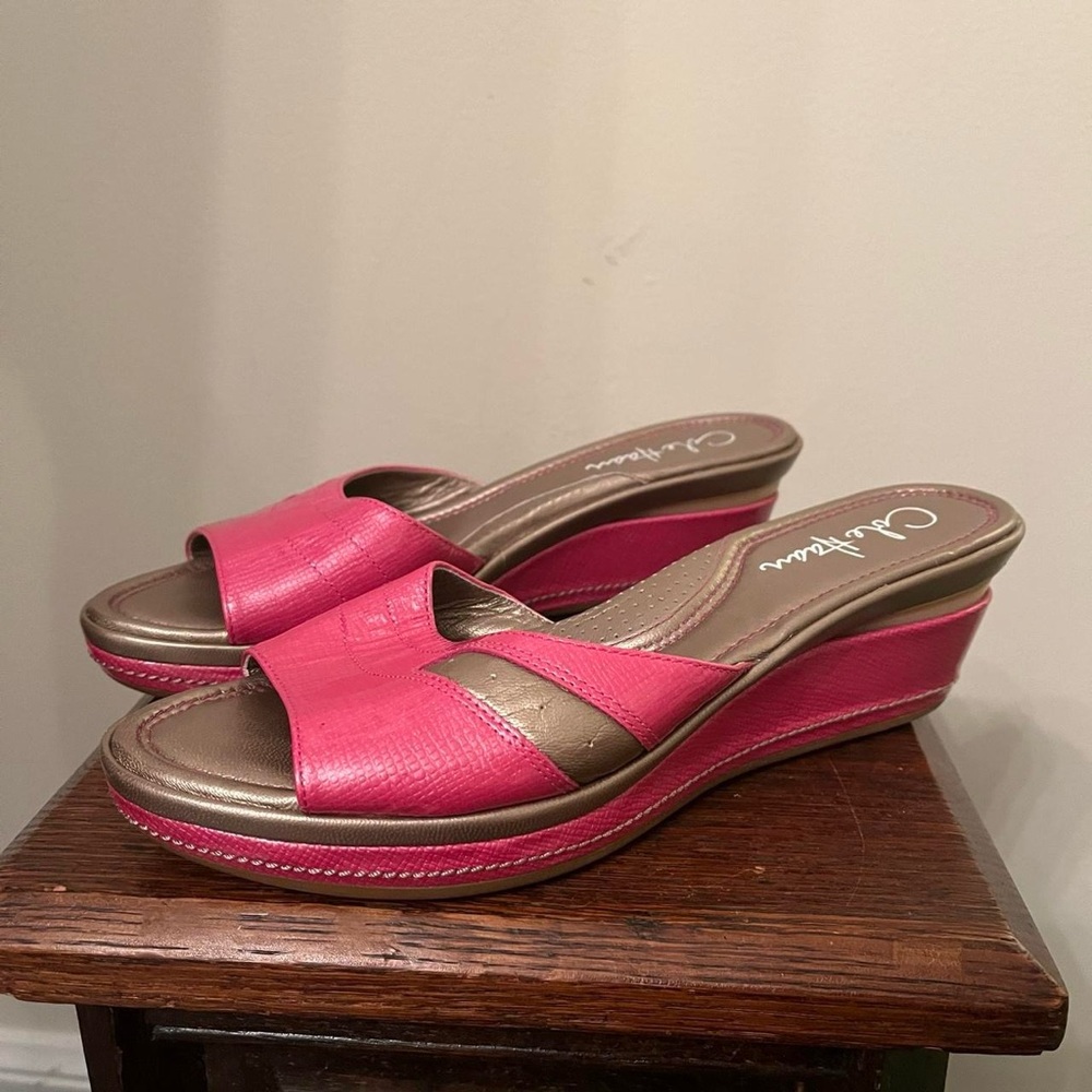 Vintage Y2K Cole Haan Pink Silver Metallic Open Toe Wedges